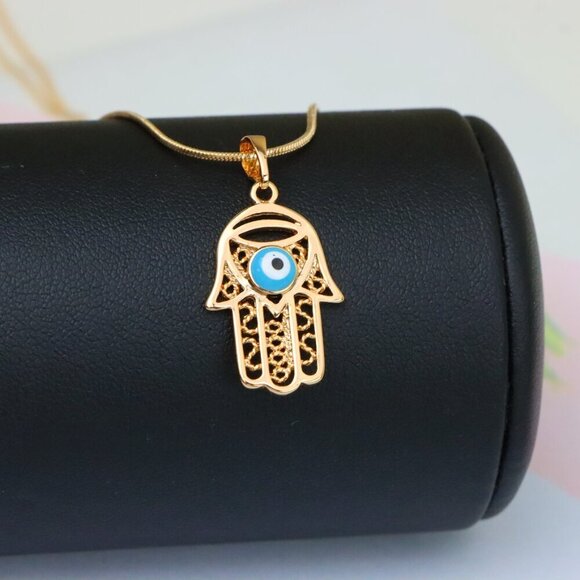 "Rose Gold Hamsa Hand Pendant with Blue Evil Eye and Filigree Design, XPPT1483 - Picture 6 of 12